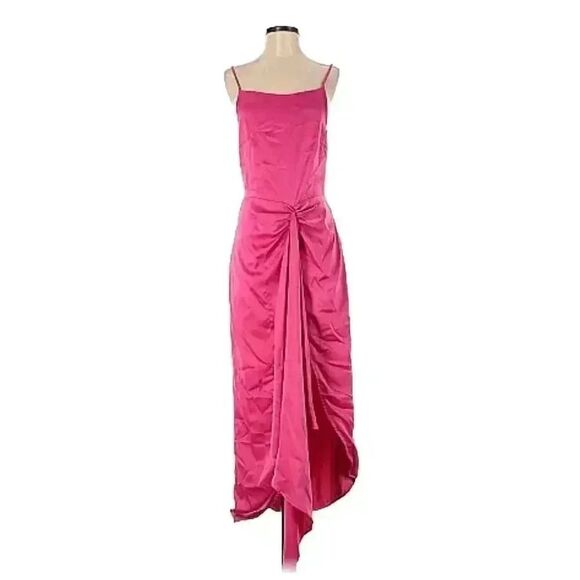 Elle Zeitoune Women's Pink Punch Poly Gathered Waist Midi Patrice Draped Satin L - Picture 3 of 16